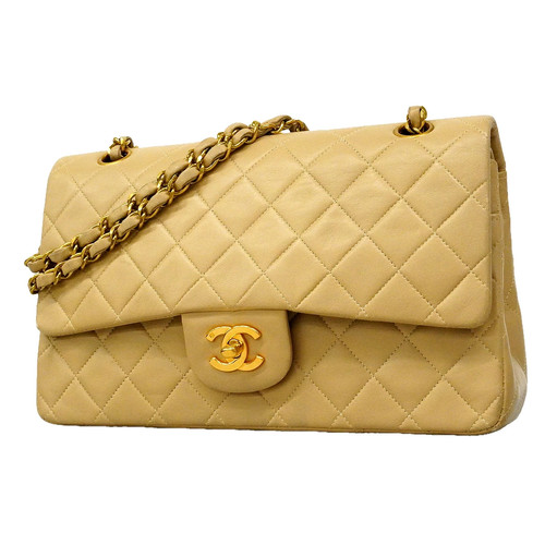 Chanel Double Flap Chain Shoulder Bag Quilted Lambskin Beige Women's #OTB421