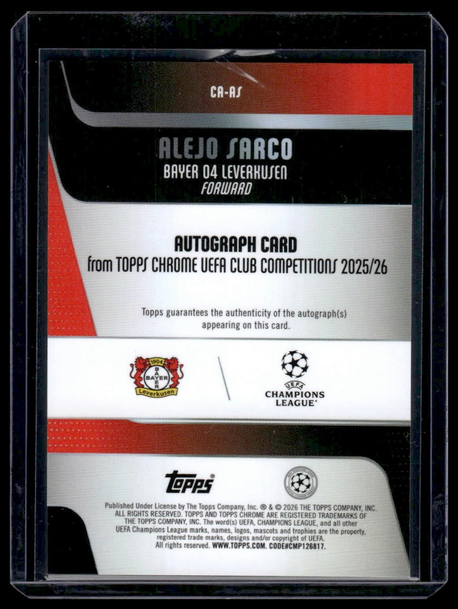 2025-26 Topps Chrome UEFA CC Alejo Sarco Chrome Rookie Auto view 2
