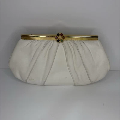 Vintage Judith Leiber White Leather Clutch Purse With Jewel Clasp - Image 1 of 4
