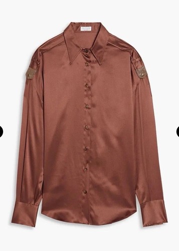 $ 2495 BRUNELLO CUCINELLI Größe Large 96 % SEIDE verziertes Hemd mit Knopfleiste neu mit Etikett