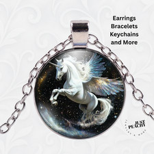 Magical Mystical White Unicorn Art Silver Jewelry Necklace Set
