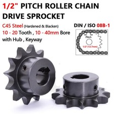 08B-1 1/2" Pitch Roller Chain Sprocket C45 Steel 10-20 Tooth 10-40mm Bore Black