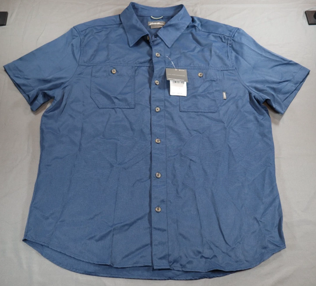 NWT Eddie Bauer Atlas Exploration Flex Short Sleeve Shirt Blue L Fishing Hiking