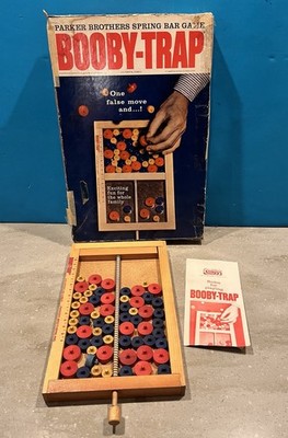 Vintage BOOBY TRAP wood board spring trap skill game 1965 Original Box-Working!!