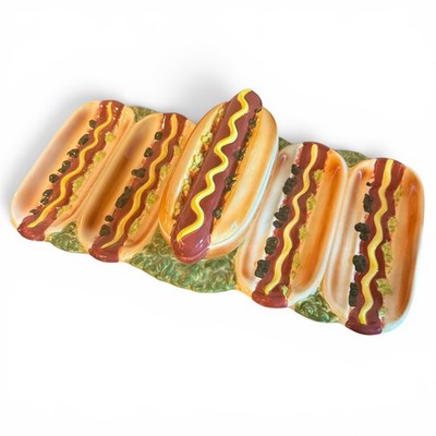 Vtg World Bazaar Hot Dog Ceramic Serving Platter 18x9'' Cookout