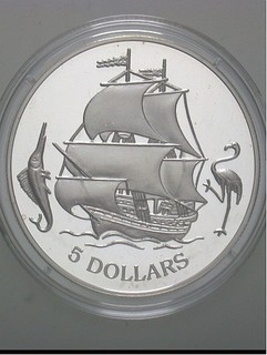 BAHAMAS 5 DOLLARS 1993 GESCHICHTE DER SEEFAHRT/SEGELSCHIFF 925er SILBER PP