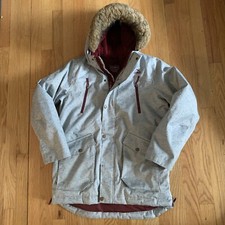 LL BEAN Kids Maine Mountain Parka Large 14-16 Gray With Maroon Accents Hooded