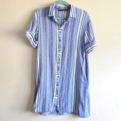 Zara Basic Collection Button Front Shirt Dress Size Large Blue Striped
