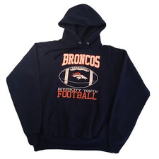 Vintage 90s Football Hoodie Mens Medium Blue Pullover Broncos Logo Streetwear