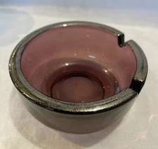 1970s PURPLE GLASS ASHTRAY SILVER RIM 2 SLOT 3-3/4”
