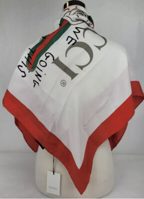 Gucci White Silk Coco Capitan Logo GRG Web and Future Quote Scarf