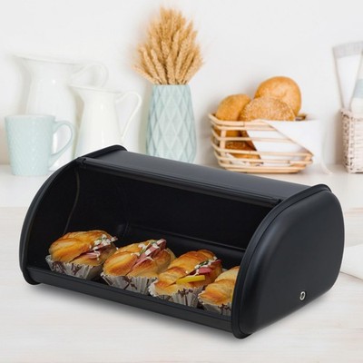 Stainless Steel Bread Box Black Roll Top Kitchen Counter Storage Container Large