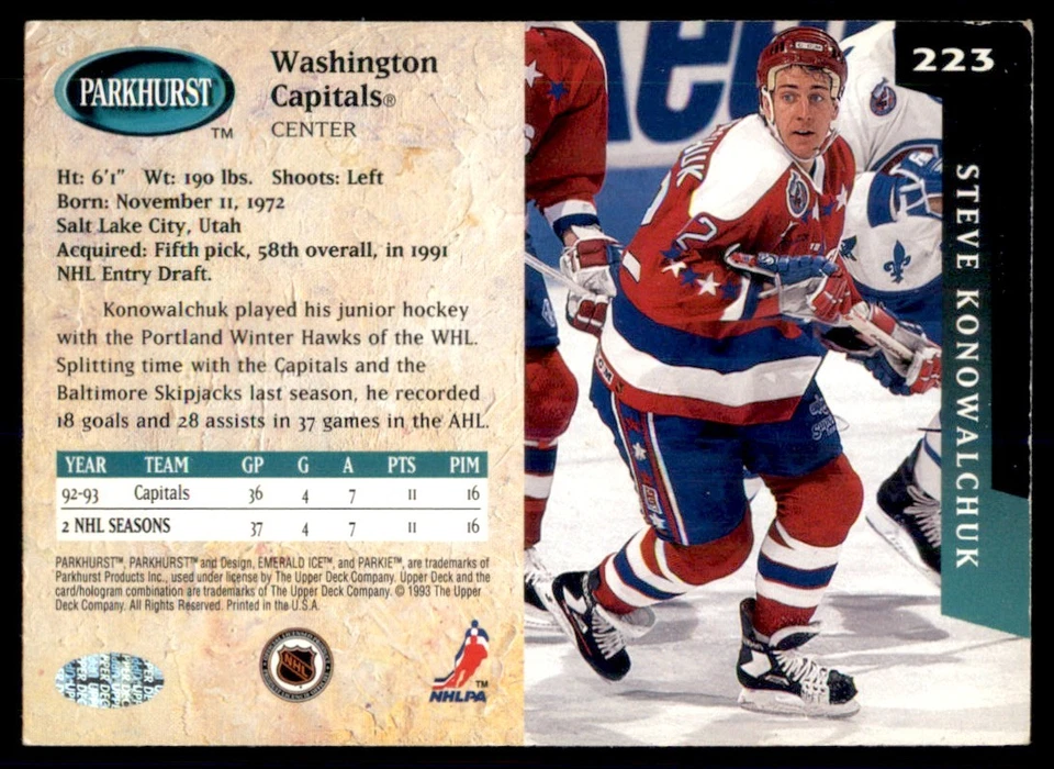 1993-94 Parkhurst Steve Konowalchuk Washington Capitals #223 - Image 2 of 2