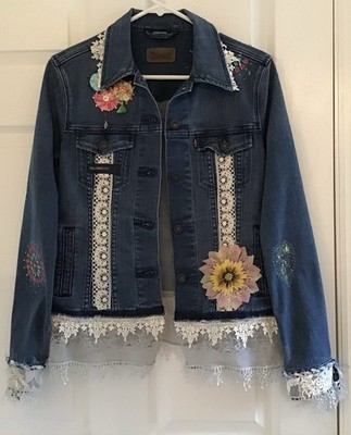 OOAK Handmade Upcycled Denim Jacket   Western Boots & Lace Boho Wearable Art S