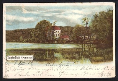 Lithograph Grunewald, hunting lodge in landscape, with relief leaf application 