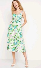 Old Navy Womens Fit N Flare Dress XXL Ivory Floral  Linen Blend Pockets Smocked