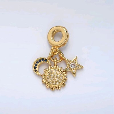 24K Gold Filled Sun Moon Star CZ Pendant Rondelle Bail Drop Charm