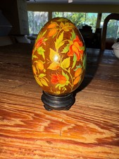 Vintage Russian Hand Painted Floral Brown Lacquered 3  Wooden Egg and Stand