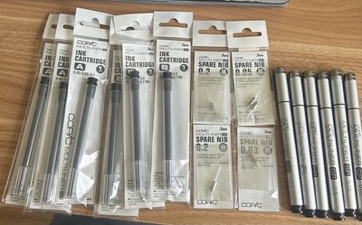 copic multiliner NEW unopened ink cartridges and Nibs -used pen shells - Black.