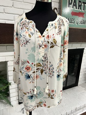DR2 Top Blouse Women Size S tan Multi Floral Long Sleeve Front Tie BOHO
