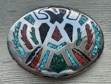 Vtg Hand Made Engraved Eagle Turquoise Coral Abalone Inlay Western Belt Buckle