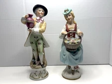 Norleans Porcelain Figurine Victorian Man w/ Jug & Woman w/ Flower Basket Japan