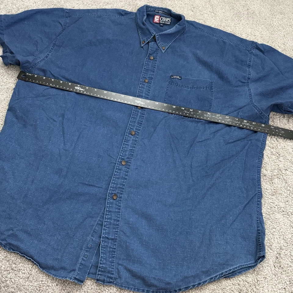 Vintage 90s CHAPS RALPH LAUREN Denim Shirt Linen/Cotton Blue ~ SZ 2XL - Image 3 of 4