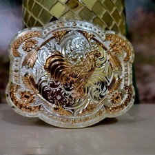 Rooster Western Belt Buckle Rose Tone And Silver Rare Piece With Feather Accents