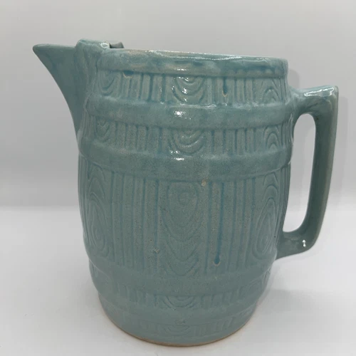 1940s McCoy Art Pottery Stoneware Teal Cider Barrel Wood Pitcher w/ Ice Guard