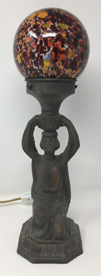 Vintage Art Deco Cast Spelter Metal Figurine with Czech End of Day Glass Globe