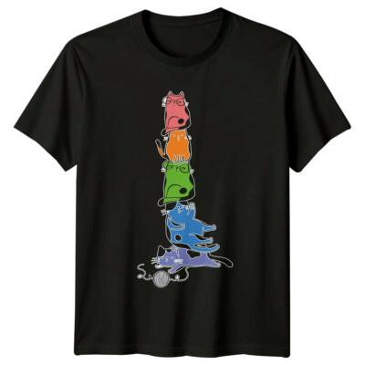 T-Shirt Stacked Cats With Glasses Anime Style Baumwolle