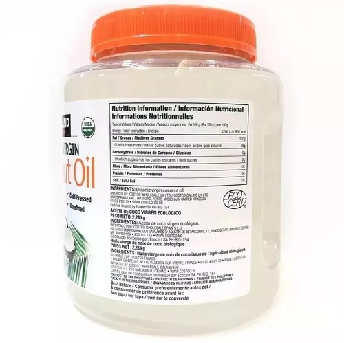 Kirkland Organic Coconut Oil Unrefined Virgin Cold Pressed 100% Pure 2.38kg Tub - Picture 3 of 6