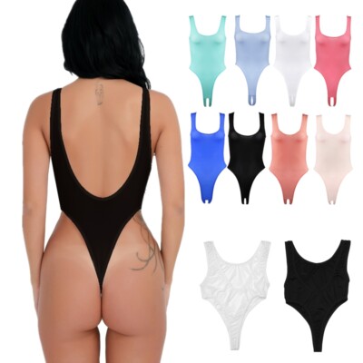 Damen Body Baumwolle Stringbody High Cut Thong Sexy Einteiler Rollkragen Catsuit