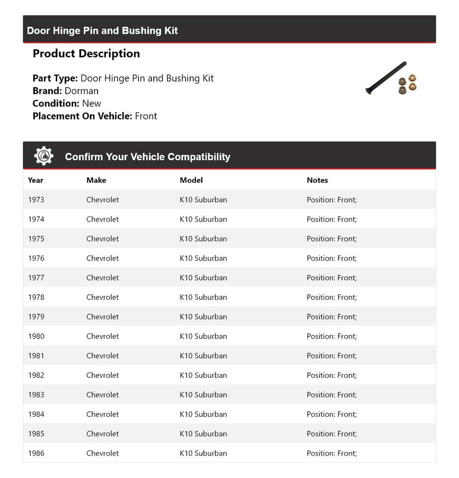 Kit de pasador de bisagra de puerta y buje delantero para Chevrolet K10 Suburban Dorman 1973-1986 Foto 2 de 4