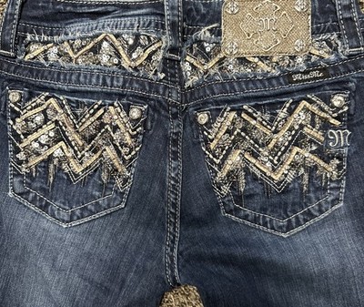 MISS ME Signature Boot Cut Women's 27 Low Rise Embroidered Blue Denim Jeans