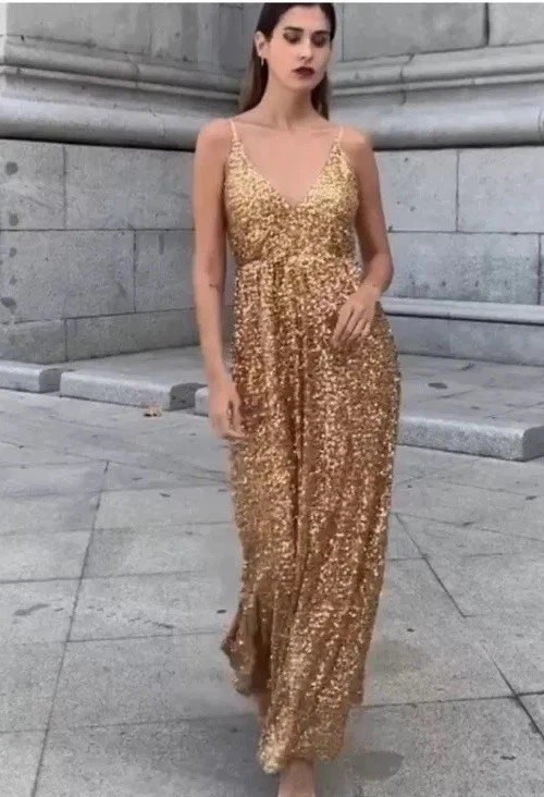 green emerald velvet dress Zara Gathered Maxi Dress-GOLD / 4