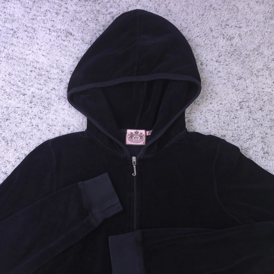 Juicy Couture Velour Jacket Womens Small Hooded Black Full Zip Pockets USA Made - Image 4 of 4