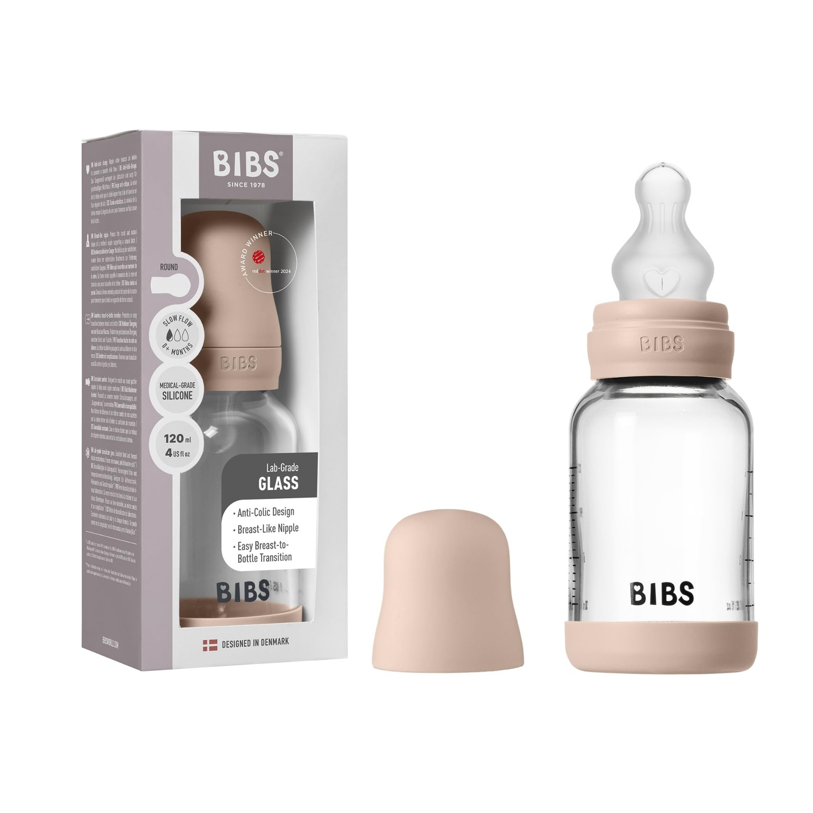 Biberon en verre borosilicat épuré 120ml avec tétine à embout rond anti-colique