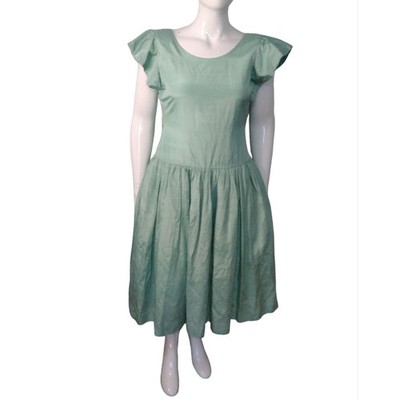 sage green fit and flare dress Sage Green Linen Button-Down Dress, Lapel Collar, Cap Sleeves