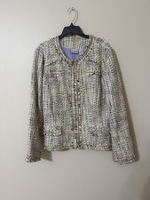 Chico's Size 1 Tweed Blazer Beige Gold Metallic Lady Jacket with pockets EUC