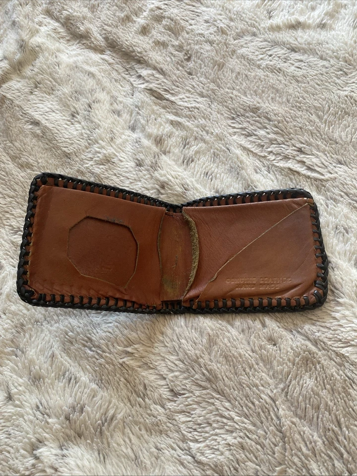 Cartera plegable vintage de cuero mecanizada a mano borde con cordones negro caballo occidental Foto 3 de 4