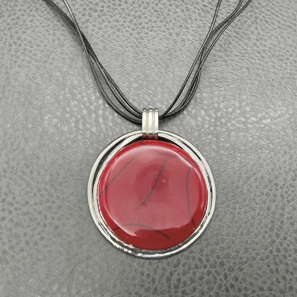 Chico's Statement Pendant Necklace Red Resin Silver Tone Multistrand Black Cord - Image 4 of 4