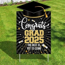 , Congrats Grad Yard Sign - 16x10 Inches | Black and Gold Class of 2025 Congr...