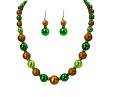 Green and gold bead necklace and earring set with round beads fashion neck New