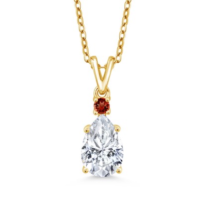 18K Yellow Gold Plated Silver Garnet Pendant with Chain Set with Moissanite