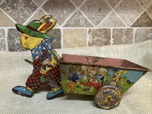 J. Chein & Co. Tin Bunny Pulling A Wagon Cart Made In The USA