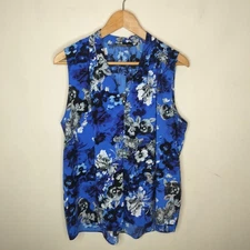 Tahari Floral Sleeveless Top Women's Large Blue Black Office Career