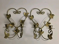 2 Vintage Brass Metal Heart & Ivy Candle Holder Sconce Cottagecore Home Int Styl