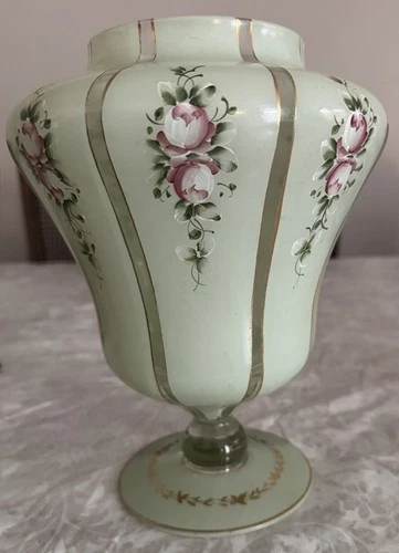 Vintage Fenton Vase Charleton Hand Painted Decorated Green Gold Pink Flowers 10”