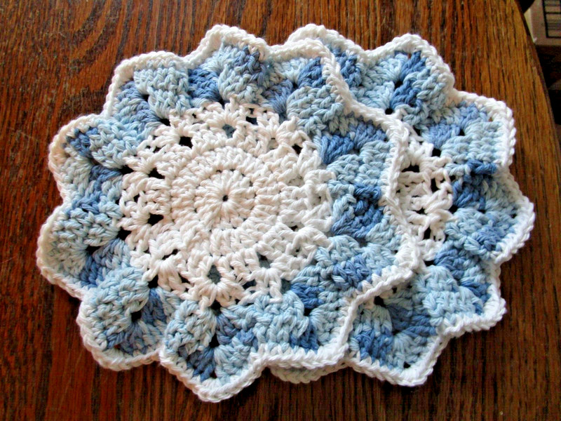 (2) Handmade Cotton Dishcloths, doily, Large coaster crocheted  Blue & White